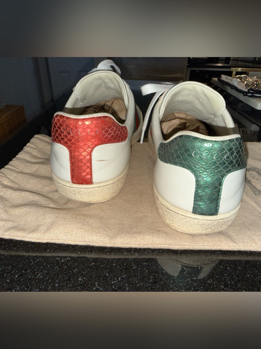 Gucci White Leather Sneakers with Red & Green and Gold Bee - Picture 6 of 8